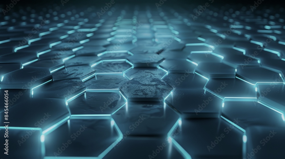 Fototapeta premium Hexagon futuristic mosaic representing a science network. Tech geometry with a metallic grid and glowing cells. Cyber and cyberspace elements with neon highlights, molecular engineering concepts.