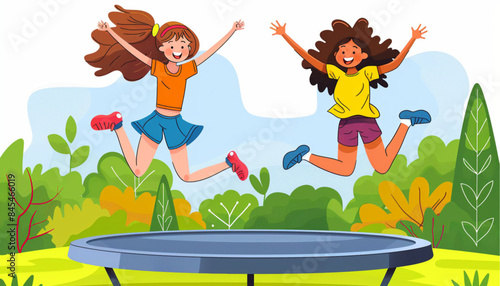 Smiling children jumping on trampoline