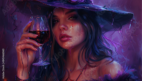 Portrait of a witch in a hat looking in front of her. a magical, mystical event. Concept - Walpurgis Night, Halloween, Sabbath, magic