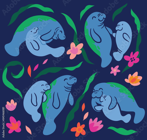Cute Manatees with babies. Vector illustration