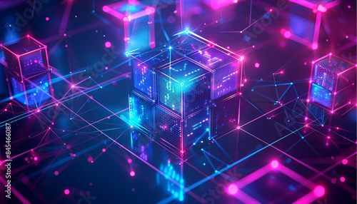 Blockchain technology for design, isometric shining box, database, glass cube dark blue vector background