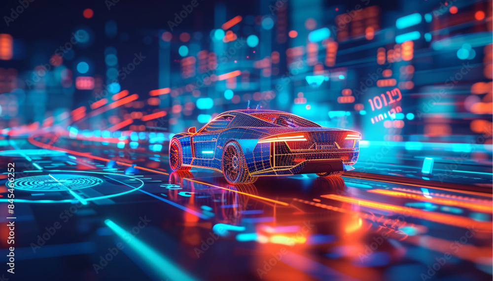 Autonomous car with touch sensors in a futuristic style. A smart vehicle with motion sensors for safe driving. Vector illustration of a holographic transport Autonomous car with touch sensors in a futuristic style. A smart vehicle with motion sensors for safe driving. Vector illustration of a holographic transport