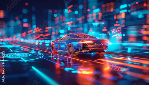 Autonomous car with touch sensors in a futuristic style. A smart vehicle with motion sensors for safe driving. Vector illustration of a holographic transport