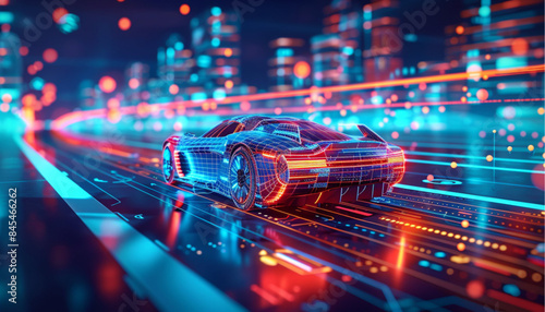 Autonomous car with touch sensors in a futuristic style. A smart vehicle with motion sensors for safe driving. Vector illustration of a holographic transport