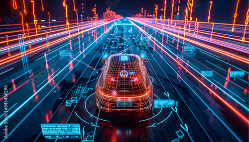 Autonomous car with touch sensors in a futuristic style. A smart vehicle with motion sensors for safe driving. Vector illustration of a holographic transport