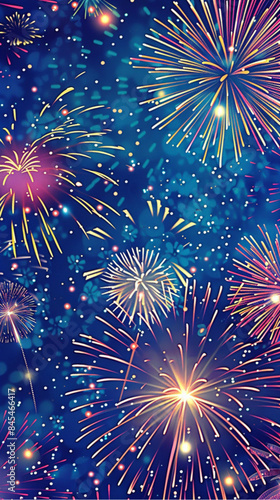 Vector set of colorful celebration festive fireworks for holiday, new year party, Xmas, birthday, carnival, Independence day. Firework show in dark evening sky. Pyrotechnics firecracker background