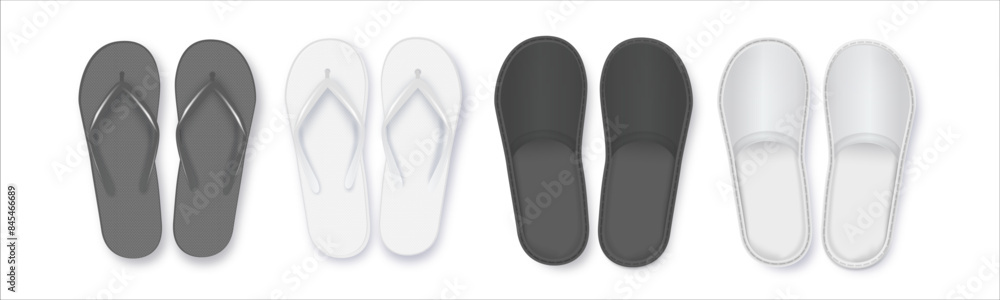 Realistic 3d White and Black Blank Empty Flip Flop Closeup Isolated on White Background. Design Template of Summer Beach Flip Flops Pair Mockup. Vector Realistic 3d White and Black Blank Empty Flip Flop Closeup Isolated on White Background. Design Template of Summer Beach Flip Flops Pair Mockup. Vector