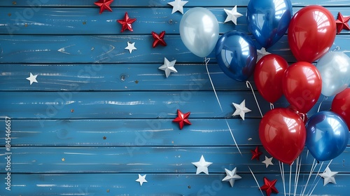 Independence Day banner on a blue wooden surface with copy space, including balloons and stars in the colors of the US flag. idea of the Fourth of July holiday.
