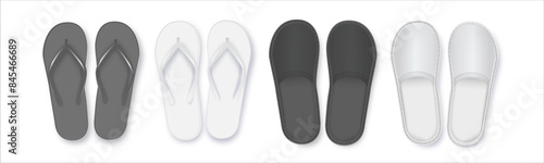 Realistic 3d White and Black Blank Empty Flip Flop Closeup Isolated on White Background. Design Template of Summer Beach Flip Flops Pair Mockup. Vector