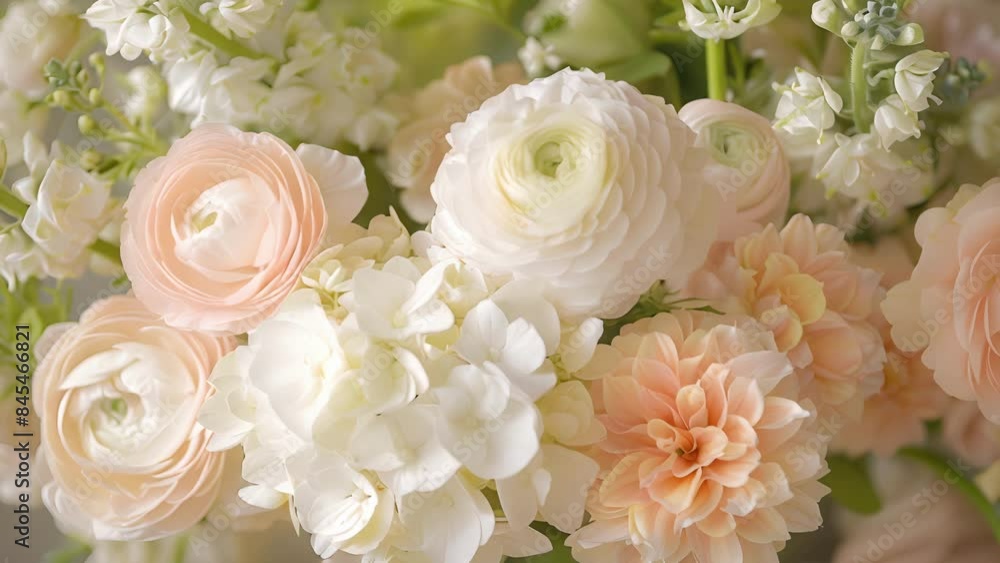 A delicate bouquet of ranunculus hydrangeas and delphiniums exuding a soft and romantic vibe. A delicate bouquet of ranunculus hydrangeas and delphiniums exuding a soft and romantic vibe.