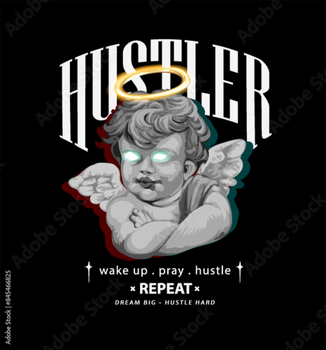 hustler slogan with black and white angel statue graphic hand drawn vector illustration