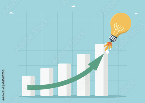 Creativity or brainstorming to increase income and wages, creative methods for financial growth and improvement of economy, launching successful startup, light bulb takes off like rocket on chart.