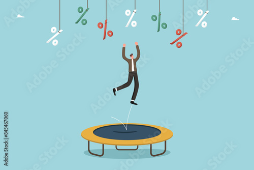 Assessing profitability and risks of innovative projects, receiving payments from share of investments, choosing best interest rates on loans or deposits, man on trampoline jumping up to percents.