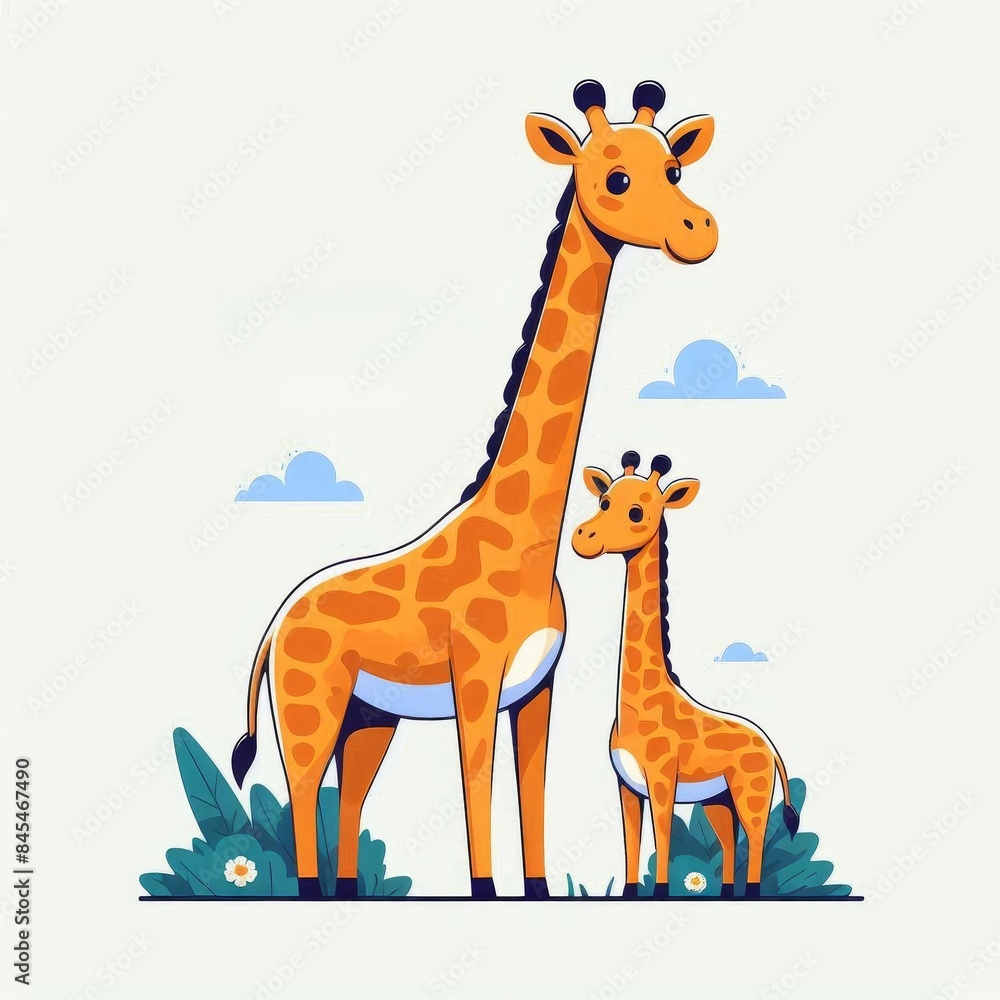 A giraffe and its baby are standing in a field A giraffe and its baby are standing in a field
