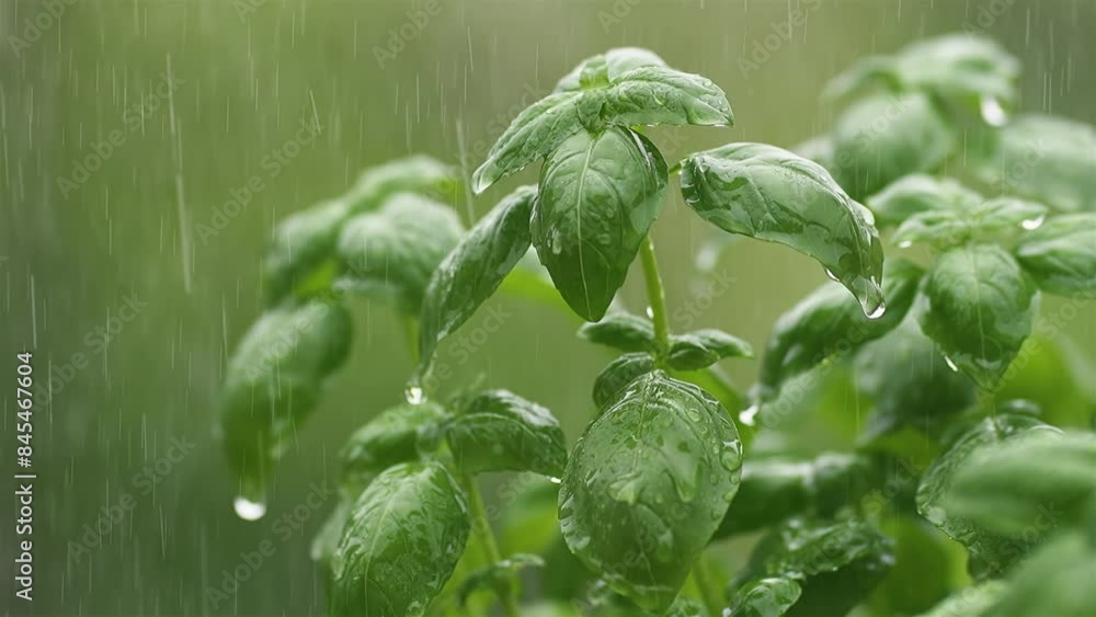 Its raining on green basil herbs in spring nature, fresh rainy weather