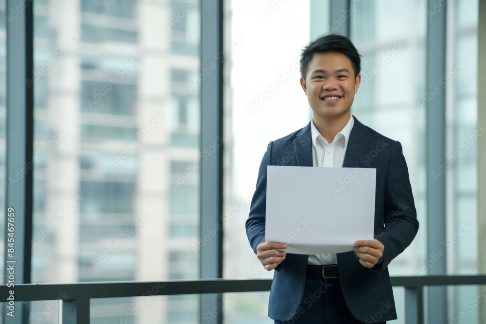 A confident businessman is smiling while holding a blank sign in a city office building environment. Copy Space A confident businessman is smiling while holding a blank sign in a city office building environment. Copy Space