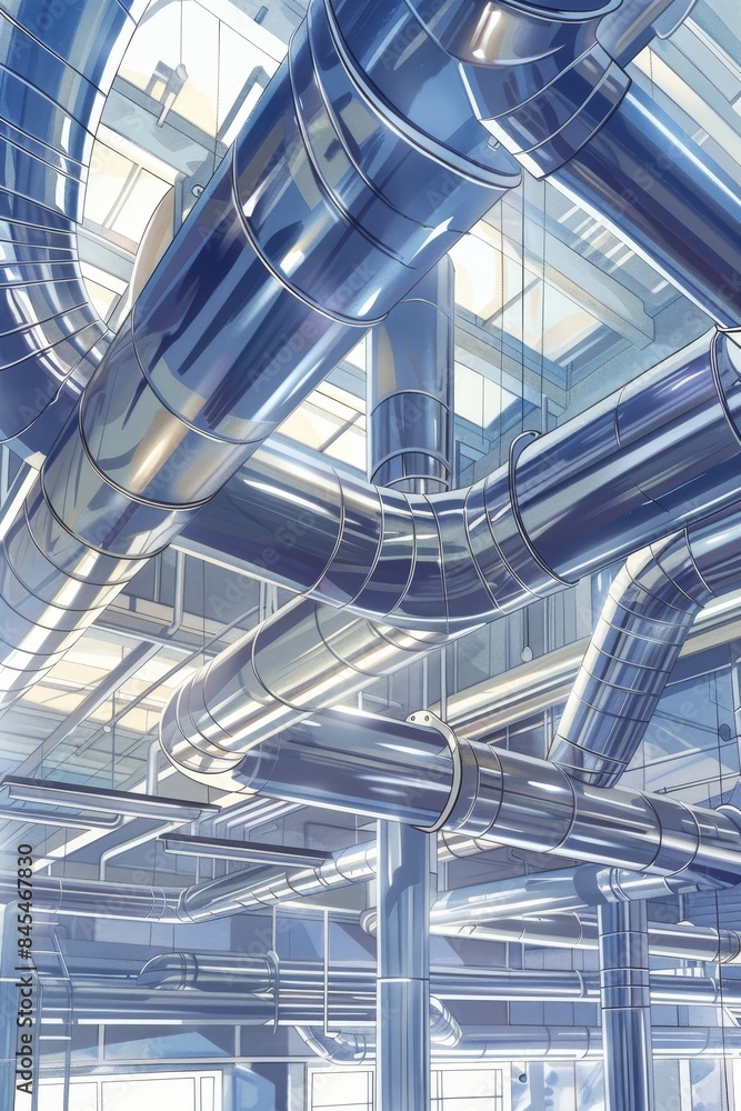 An illustration of a ventilation system with air ducts and air conditioning equipment, showcasing the architecture of air ventilation in a commercial building, emphasizing efficient air distribution An illustration of a ventilation system with air ducts and air conditioning equipment, showcasing the architecture of air ventilation in a commercial building, emphasizing efficient air distribution