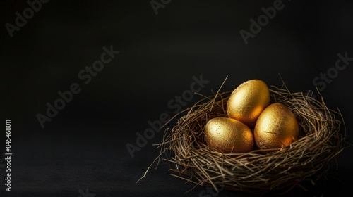 Golden eggs in a nest on dark background with copy space © Space Priest