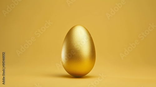 A gold egg sits on a yellow background with copy space, abstract business concept