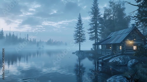 A cozy lakeside retreat, with a rustic cabin overlooking the tranquil waters and the distant call of loons echoing across the misty lake. Cool tones of slate blue and pine green create a sense of lake photo