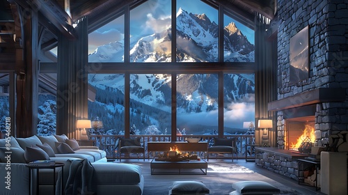 A secluded mountain lodge, with snow-capped peaks towering overhead and the soft glow of firelight spilling from the windows. Cool tones of frosty blue and stone gray evoke a sense of alpine grandeur photo