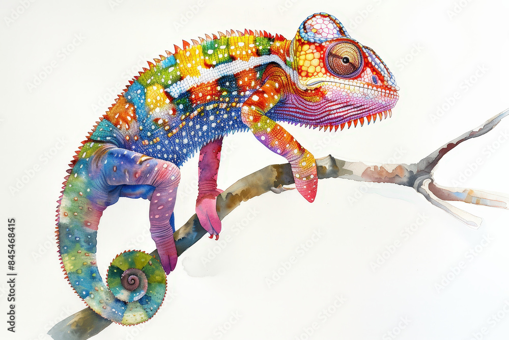 Obraz premium Vibrant Watercolor Painting of Colorful Chameleon with Spectrum of Hues on White Background with Gentle Shadowing