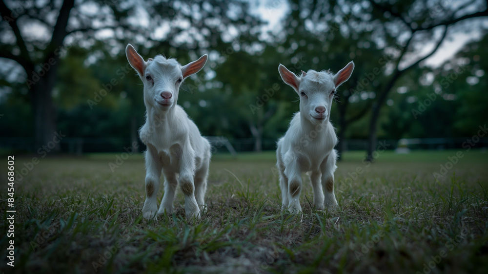 Obraz premium Two little baby goats sitting on the grass. Animals photography. Cinematic mood 