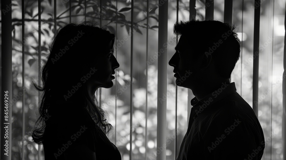 Silhouettes of a couple, their gazes diverging, hinting at a marital discord, contemplating separation or divorce, capturing the emotional turmoil within relationships