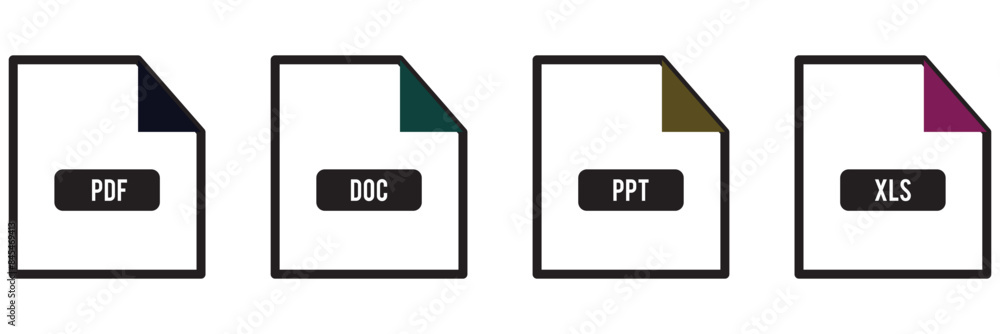 Document file icons set. Containing PDF, DOC, XLS and PPT icon vector illustration. Document file icons set. Containing PDF, DOC, XLS and PPT icon vector illustration.