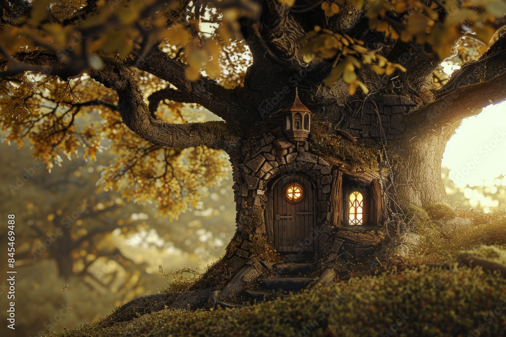 A tree with hidden doors and windows, suggesting secret passages and rooms within its trunk and branches, inviting exploration and the discovery of hidden worlds. A tree with hidden doors and windows, suggesting secret passages and rooms within its trunk and branches, inviting exploration and the discovery of hidden worlds.