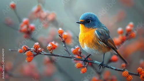 **Bird perched on a spring branch on a solid background © coco