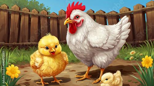 illustration of a mother hen and cute chicks playing photo