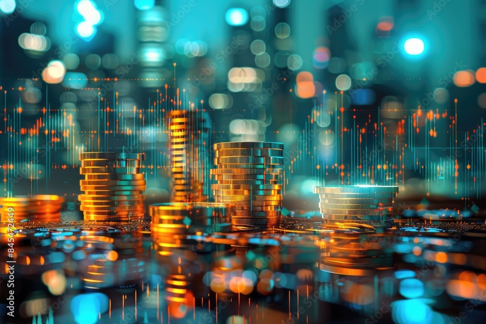 Double exposure of city network or connection and rows of coins for finance and business concept Double exposure of city network or connection and rows of coins for finance and business concept