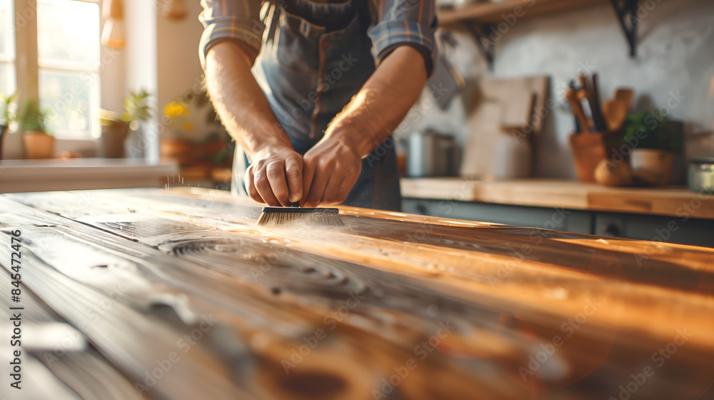 Man polishing a wooden table Man polishing a wooden table