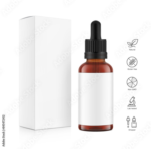 Realistic paperboard packaging box mockup with dropper bottle mockup isolated on white background. Vector illustration. Сan be used for cosmetic, medical and other needs. EPS10.