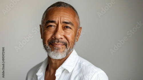 Portrait of a friendly middle aged man with a multi ethnic appearance wearing a casual outfit and posing with a warm welcoming expression against a plain white studio background