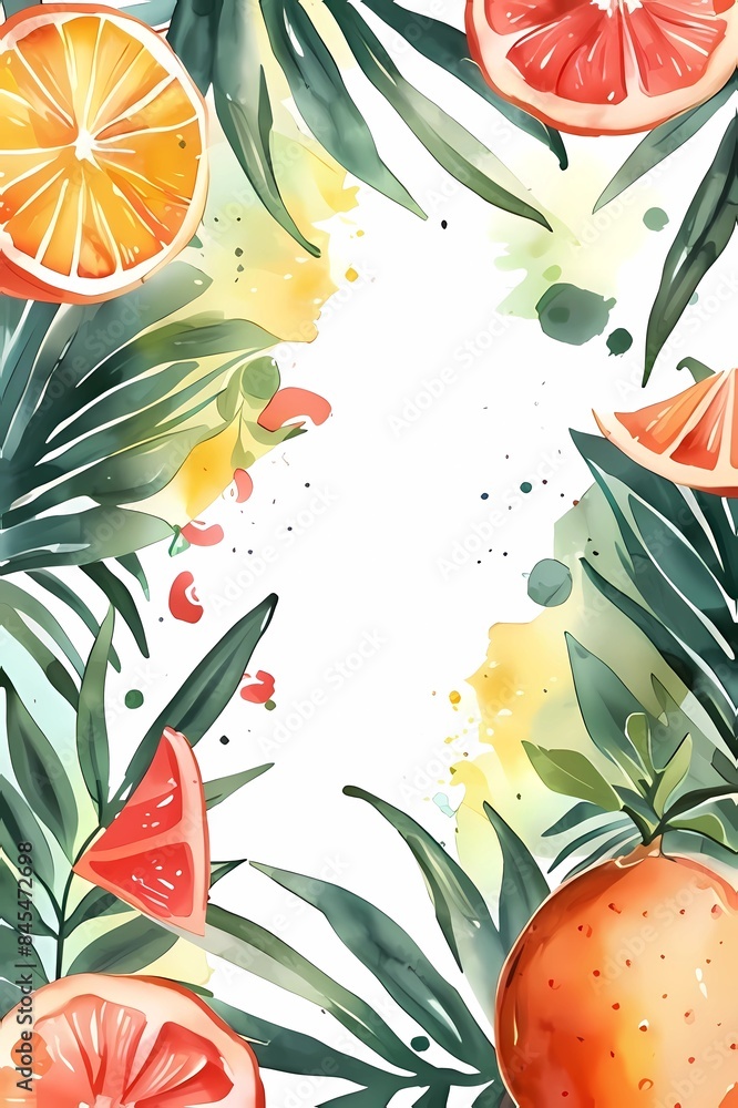 Watercolor summer template, frame with tropical fruits and leaves. Hello summer. Poster, template for social media, banner, postcard. Watercolor illustration, texture, hand drawing. Watercolor summer template, frame with tropical fruits and leaves. Hello summer. Poster, template for social media, banner, postcard. Watercolor illustration, texture, hand drawing.