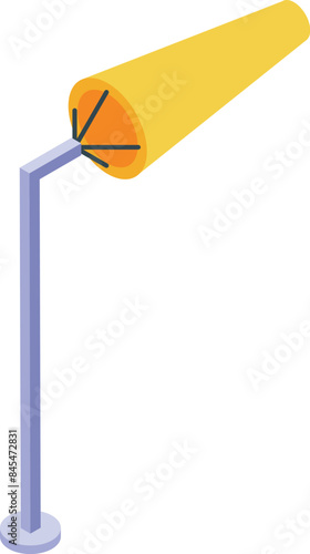 Yellow windsock is inflated by the wind, indicating the direction and strength of the wind