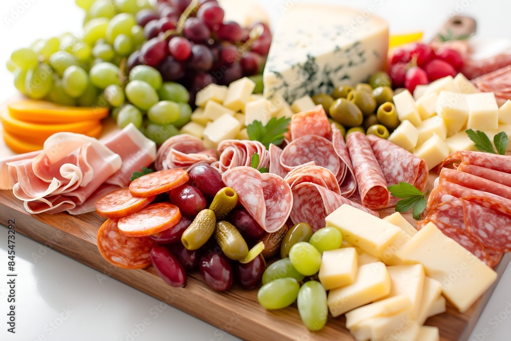Close-Up Of A Beautifully Arranged Charcuterie Board With Cheeses, Meats, And Fruits In Home Restaurant Interior, Food Photography, Food Menu Style Photo Image Close-Up Of A Beautifully Arranged Charcuterie Board With Cheeses, Meats, And Fruits In Home Restaurant Interior, Food Photography, Food Menu Style Photo Image