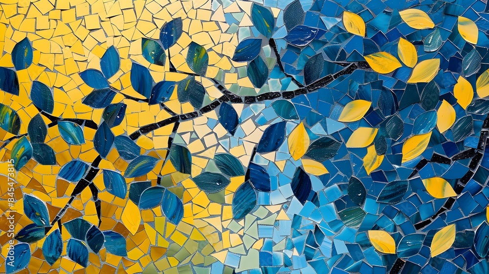 Abstract illustration. Mosaic yellow and blue leaves. Abstract illustration. Mosaic yellow and blue leaves.