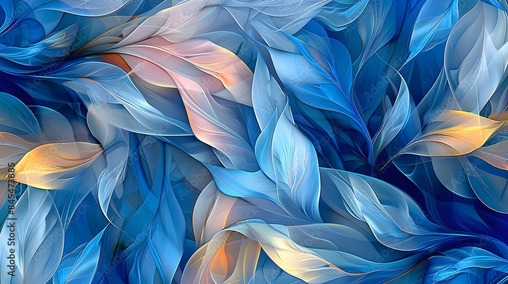 Delicate botanical background - illustration of tropical leaves in shades of blue, yellow, pink. Pattern and artistic texture for an elegant design. Delicate botanical background - illustration of tropical leaves in shades of blue, yellow, pink. Pattern and artistic texture for an elegant design.
