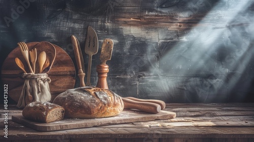 Rustic Kitchen with Fresh Bread and Wooden Utensils photo