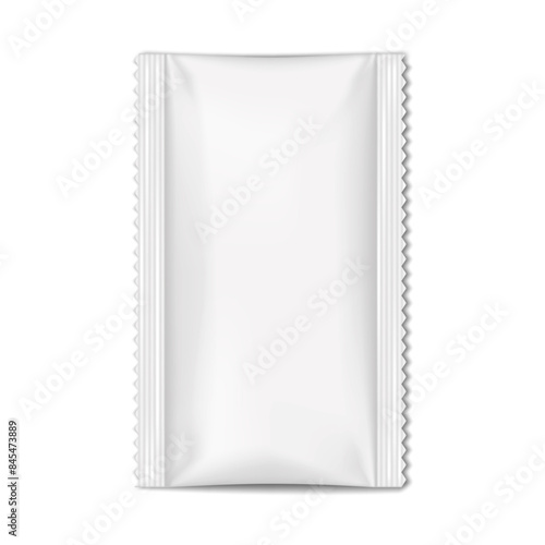 Blank white 2 side seal Sachet Pouch. Realistic vector Mock-up. Plastic, paper or foil Bag template. Food, medical or beauty product individual Package Mockup