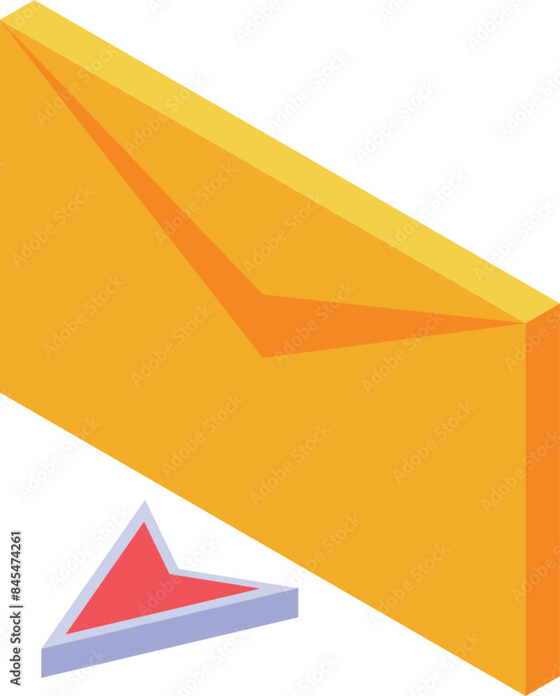 Isometric yellow envelope sending email with red cursor arrow pointing on it Isometric yellow envelope sending email with red cursor arrow pointing on it