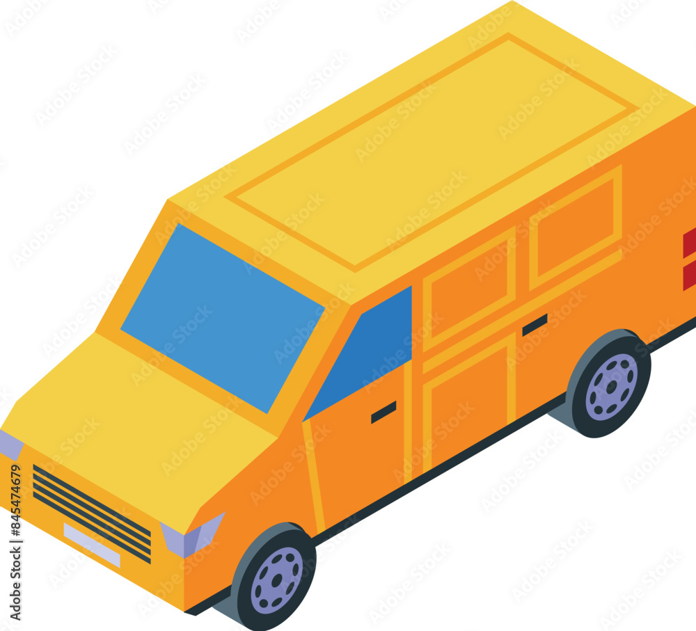 Isometric yellow delivery van, symbolizing urban logistics and transportation services Isometric yellow delivery van, symbolizing urban logistics and transportation services