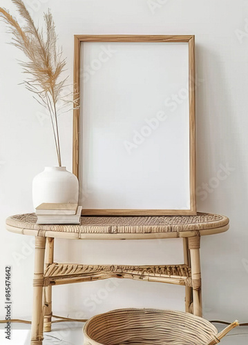 Minimalist interior with an empty wooden frame, natural light casting shadows