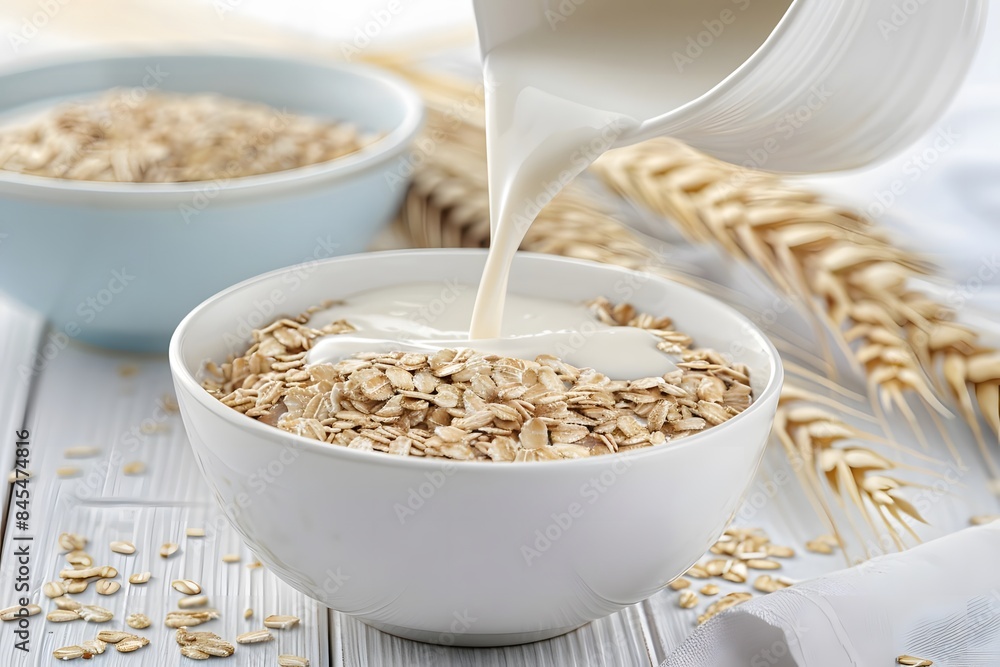Breakfast with Giraffe: Pouring Milk into Oatmeal. Milk is poured into oatmeal in a bowl Breakfast with Giraffe: Pouring Milk into Oatmeal. Milk is poured into oatmeal in a bowl