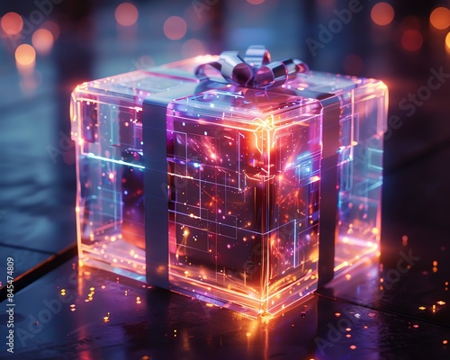 Smart birthday gift box with interactive holographic wrapping, glowing accents, and a sleek modern background