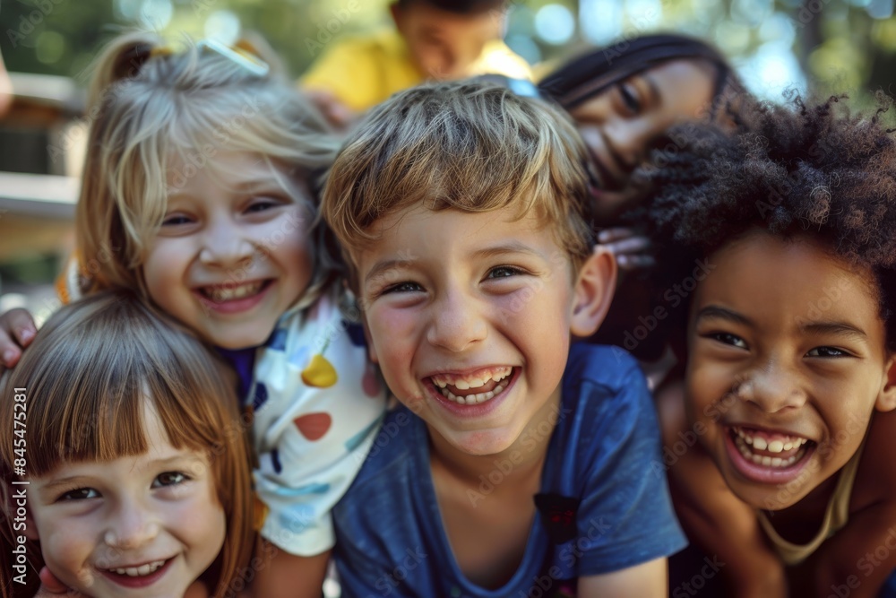 Group of happy children smiling and looking at camera in the park. Group of happy children smiling and looking at camera in the park.