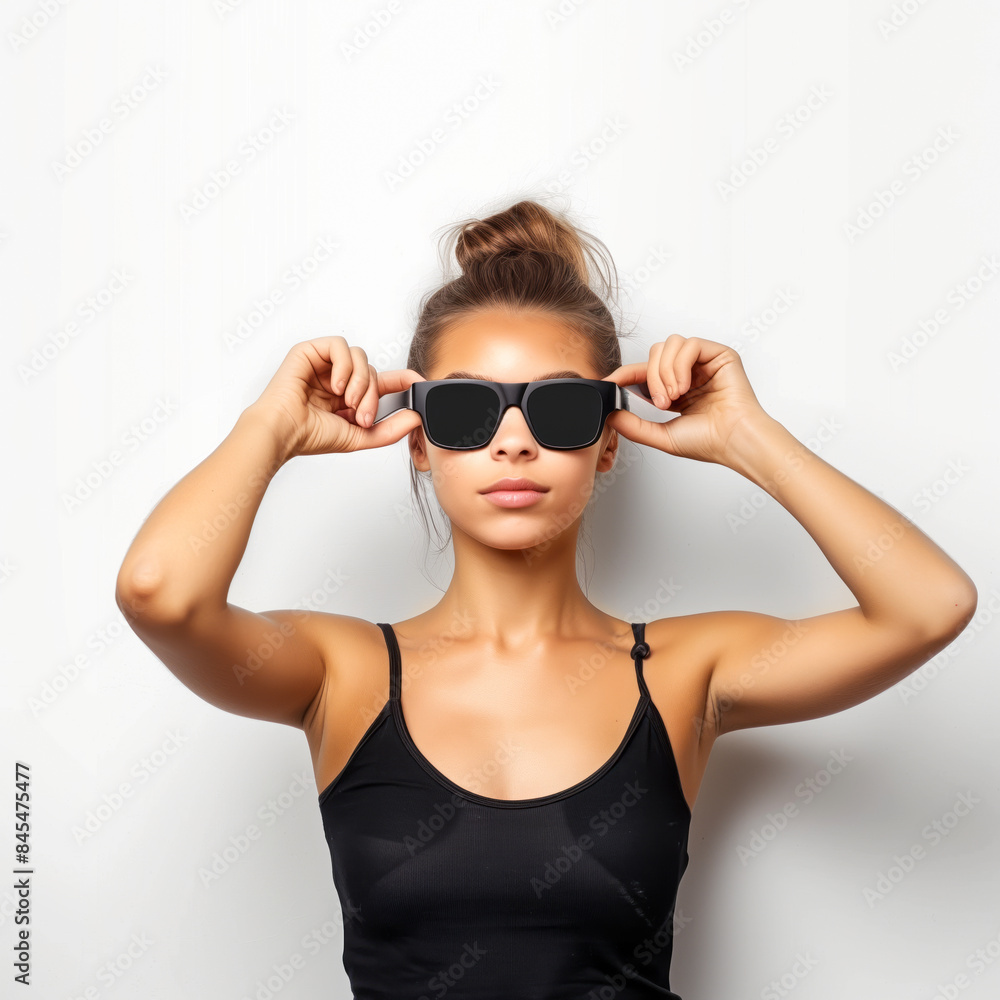 woman holding with both hands her sunglasses woman holding with both hands her sunglasses